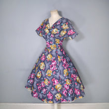 Load image into Gallery viewer, 50s 60s HANDMADE DARK FLORAL GREY YELLOW AND PINK COTTON DRESS - M