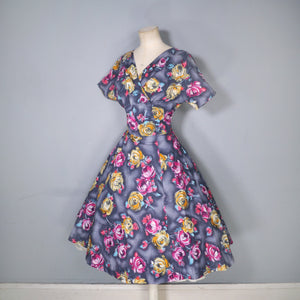 50s 60s HANDMADE DARK FLORAL GREY YELLOW AND PINK COTTON DRESS - M