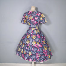 Load image into Gallery viewer, 50s 60s HANDMADE DARK FLORAL GREY YELLOW AND PINK COTTON DRESS - M