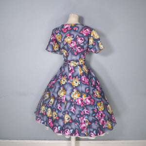 50s 60s HANDMADE DARK FLORAL GREY YELLOW AND PINK COTTON DRESS - M