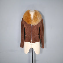 Load image into Gallery viewer, CHELSEA GIRL 60s 70s LIGHTWEIGHT CROPPED BROWN SUEDE JACKET WITH SHEEPSKIN COLLAR - XS