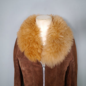 CHELSEA GIRL 60s 70s LIGHTWEIGHT CROPPED BROWN SUEDE JACKET WITH SHEEPSKIN COLLAR - XS