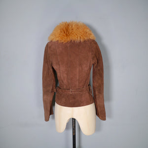 CHELSEA GIRL 60s 70s LIGHTWEIGHT CROPPED BROWN SUEDE JACKET WITH SHEEPSKIN COLLAR - XS