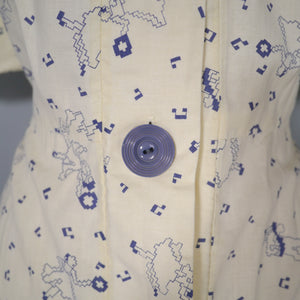 70s NOVELTY PIXILATED DANCING MUSIC PRINT BUTTON THROUGH DRESS - M