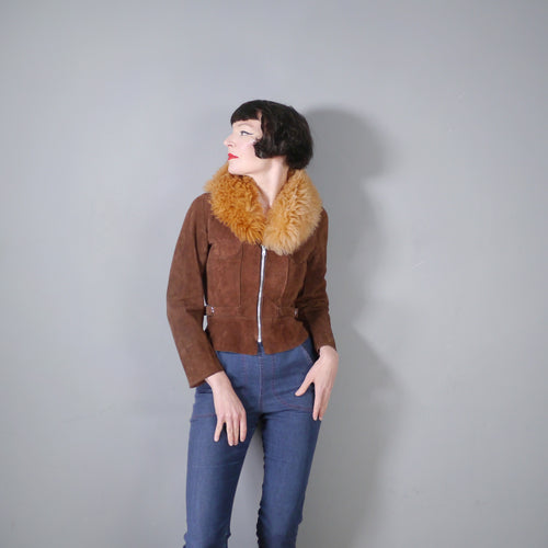 CHELSEA GIRL 60s 70s LIGHTWEIGHT CROPPED BROWN SUEDE JACKET WITH SHEEPSKIN COLLAR - XS