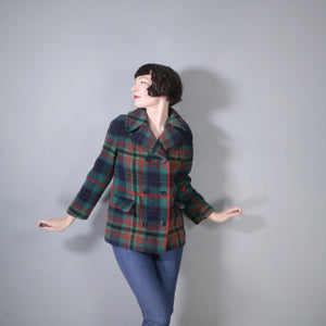 60s GREEN AND RED PLAID CHECK JACKET / MINI PEA COAT - M