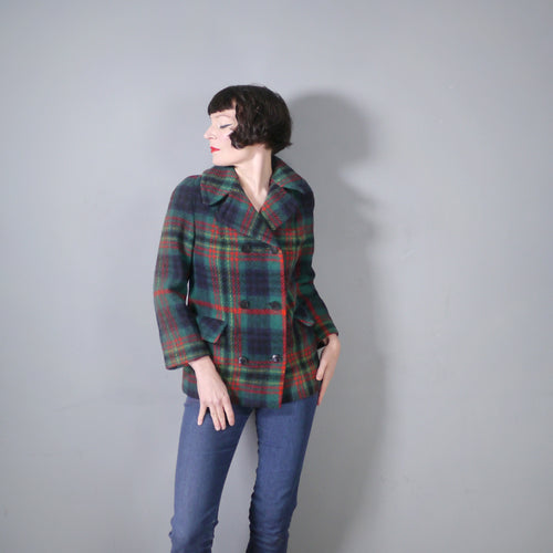 60s GREEN AND RED PLAID CHECK JACKET / MINI PEA COAT - M