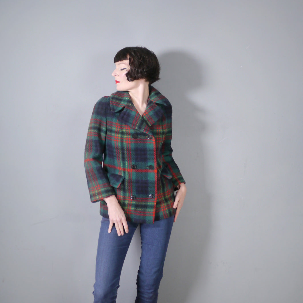 60s GREEN AND RED PLAID CHECK JACKET / MINI PEA COAT - M