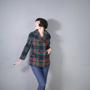 60s GREEN AND RED PLAID CHECK JACKET / MINI PEA COAT - M