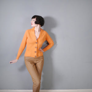 60s LIGHT ORANGE RIB KNIT V-NECK COLLEGE CARDIGAN - S