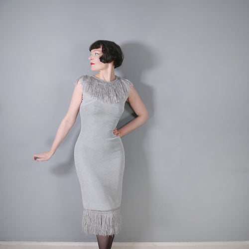 60s 70s KNITTED SILVER METALLIC WIGGLE DRESS WITH TINSEL FRINGE - S