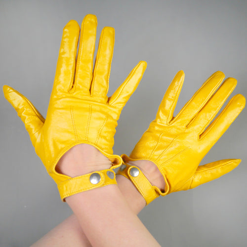 60s 70s BRIGHT YELLOW LEATHER DRIVING GLOVES 7.5-8