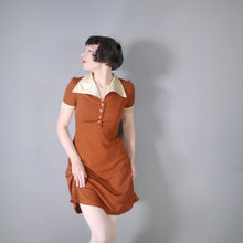 Load image into Gallery viewer, 70s TWOTONE BRONZE AND CREAM COLLARED 70s MINI TEA DRESS - S