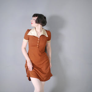 70s TWOTONE BRONZE AND CREAM COLLARED 70s MINI TEA DRESS - S