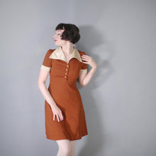 Load image into Gallery viewer, 70s TWOTONE BRONZE AND CREAM COLLARED 70s MINI TEA DRESS - S