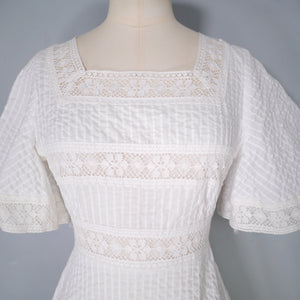 70s WHITE JONATHAN LOGAN PINK TUCK AND LACE MEXICAN STYLE MAXI DRESS - XS-S