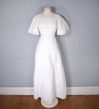 Load image into Gallery viewer, 70s WHITE JONATHAN LOGAN PINK TUCK AND LACE MEXICAN STYLE MAXI DRESS - XS-S