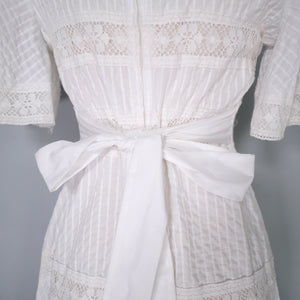 70s WHITE JONATHAN LOGAN PINK TUCK AND LACE MEXICAN STYLE MAXI DRESS - XS-S