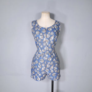 50s LAZAR SPORTS BLUE GREY SHELL PRINT COTTON ROMPER / PLAYSUIT - XS