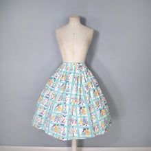 Load image into Gallery viewer, 50s HANDMADE PASTEL BLUE MID CENTURY FOLK PRINT FARMER FULL SKIRT - 26&quot;