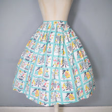 Load image into Gallery viewer, 50s HANDMADE PASTEL BLUE MID CENTURY FOLK PRINT FARMER FULL SKIRT - 26&quot;