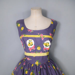 50s ALICE EDWARDS "ITALIANS" DARK GREY BORDER FLORAL BOUQUET PRINT DRESS - M