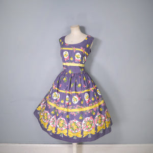 50s ALICE EDWARDS "ITALIANS" DARK GREY BORDER FLORAL BOUQUET PRINT DRESS - M