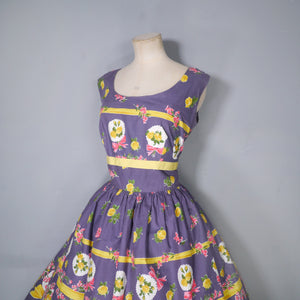 50s ALICE EDWARDS "ITALIANS" DARK GREY BORDER FLORAL BOUQUET PRINT DRESS - M