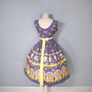 50s ALICE EDWARDS "ITALIANS" DARK GREY BORDER FLORAL BOUQUET PRINT DRESS - M