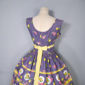 50s ALICE EDWARDS "ITALIANS" DARK GREY BORDER FLORAL BOUQUET PRINT DRESS - M