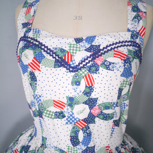 80s DOES 50s CHIPIE WESTERN WEAR RICRAC PATCHWORK FULL SKIRTED SUN DRESS - XS-S