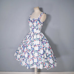 80s DOES 50s CHIPIE WESTERN WEAR RICRAC PATCHWORK FULL SKIRTED SUN DRESS - XS-S