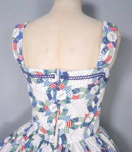 80s DOES 50s CHIPIE WESTERN WEAR RICRAC PATCHWORK FULL SKIRTED SUN DRESS - XS-S