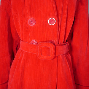 40s BRIGHT RED CORDUROY CORD AUTUMN COAT WITH BELT - M