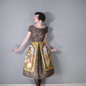 60s BROWN AMBROSIUS BOSSCHAERT STILL LIFE BORDER FLORAL DRESS - S