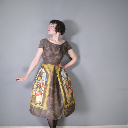 60s BROWN AMBROSIUS BOSSCHAERT STILL LIFE BORDER FLORAL DRESS - S