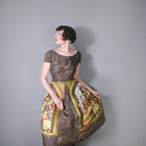 60s BROWN AMBROSIUS BOSSCHAERT STILL LIFE BORDER FLORAL DRESS - S