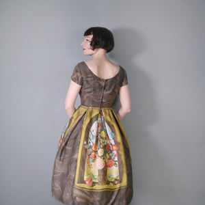 60s BROWN AMBROSIUS BOSSCHAERT STILL LIFE BORDER FLORAL DRESS - S