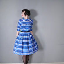 Load image into Gallery viewer, 50s 60s BLUE PATTERNED FLANNEL DRESS WITH FULL SKIRT AND COWL COLLAR - S