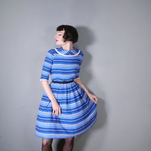 Load image into Gallery viewer, 50s 60s BLUE PATTERNED FLANNEL DRESS WITH FULL SKIRT AND COWL COLLAR - S