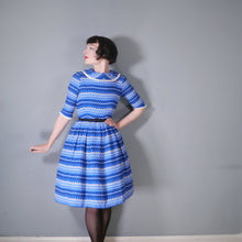 Load image into Gallery viewer, 50s 60s BLUE PATTERNED FLANNEL DRESS WITH FULL SKIRT AND COWL COLLAR - S