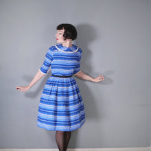 Load image into Gallery viewer, 50s 60s BLUE PATTERNED FLANNEL DRESS WITH FULL SKIRT AND COWL COLLAR - S