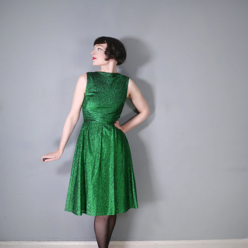 60s BRIGHT GLITTERY GREEN TINSEL LUREX COCKTAIL DRESS - XS-S