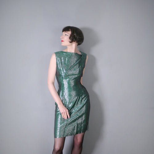 60s DARK GREEN AND SILVER LUREX FITTED WIGGLE COCKTAIL DRESS - M