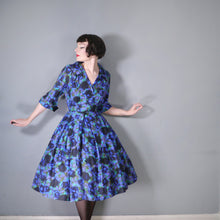 Load image into Gallery viewer, 60s FRED ROTHSCHILD SILKY VIOLET BLUE FULL SKIRTED SHIRT DRESS - S