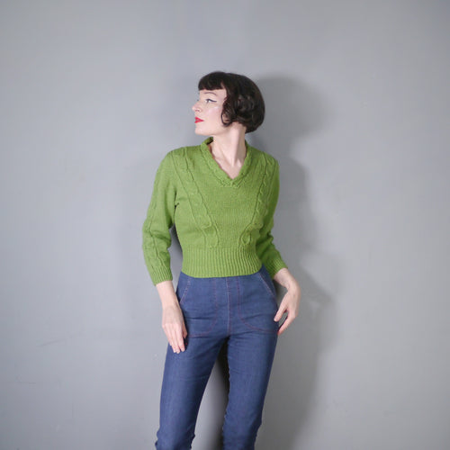 HANDKNITTED 50s STYLE APPLE GREEN CABLE KNIT CROPPED JUMPER / SWEATER - S