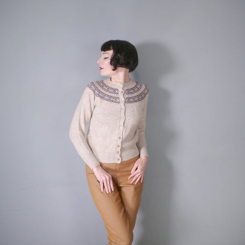 70s HANDKNITTED LIGHT BROWN FAIRISLE WOOL CARDIGAN - S