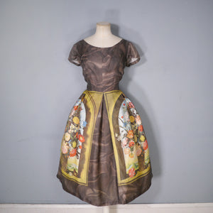 60s BROWN AMBROSIUS BOSSCHAERT STILL LIFE BORDER FLORAL DRESS - S