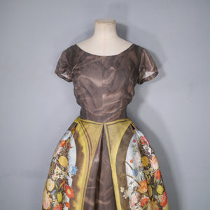 60s BROWN AMBROSIUS BOSSCHAERT STILL LIFE BORDER FLORAL DRESS - S