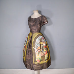 60s BROWN AMBROSIUS BOSSCHAERT STILL LIFE BORDER FLORAL DRESS - S